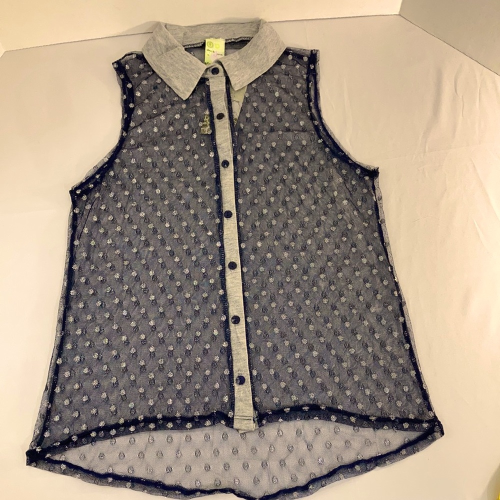 Alex & Jane Navy Blue Silver Shimmer Sleeveless Button Up Large Top NWT